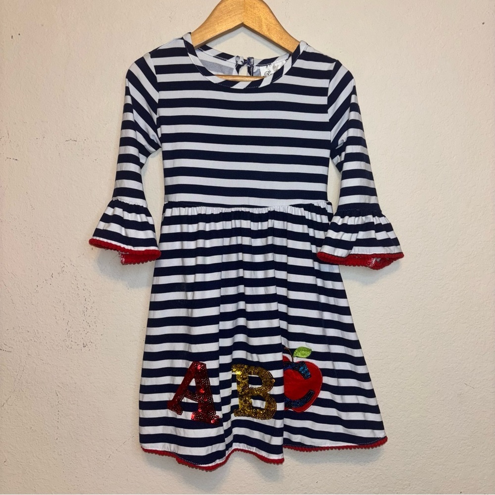 Rare Editions Navy and White Striped Dress with Red and Gold Accents